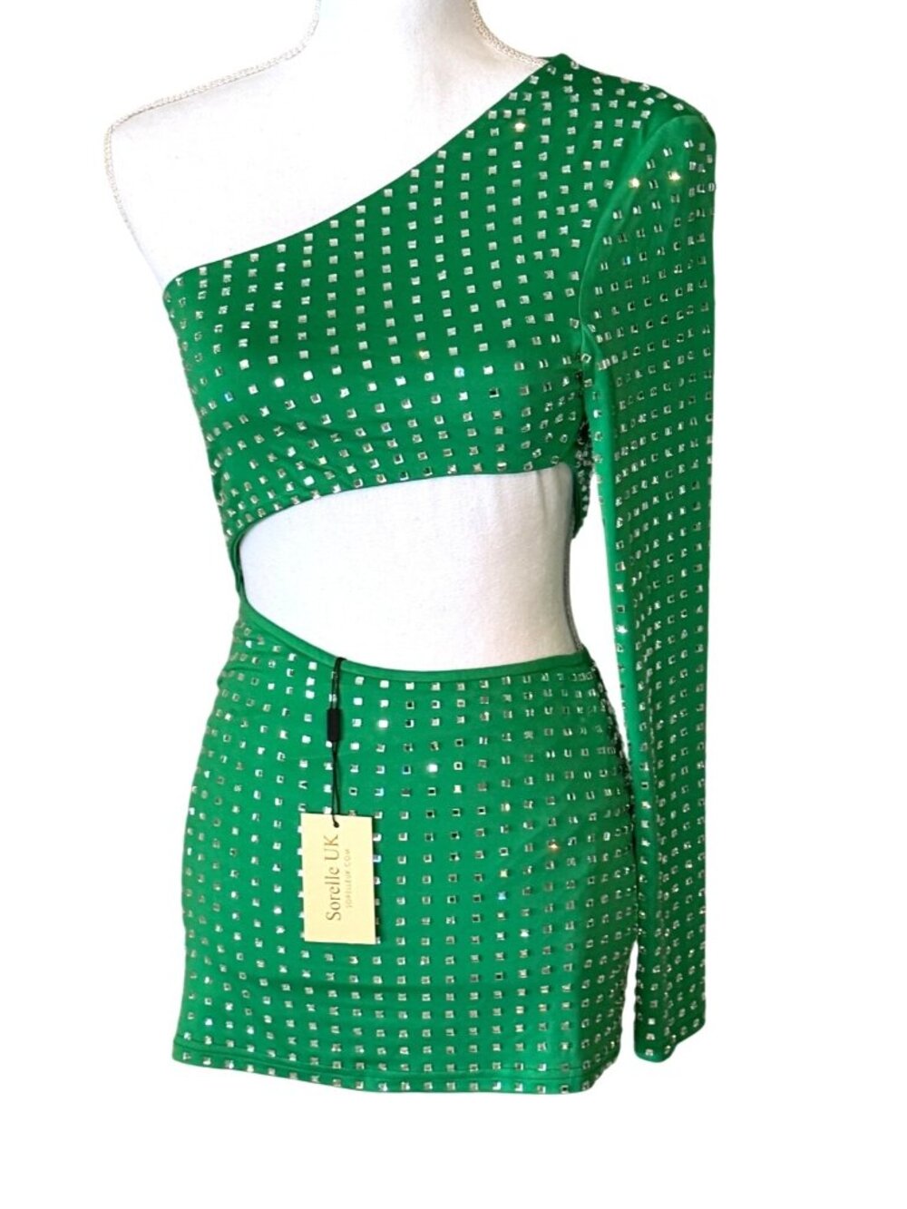 Sorelle UK Women's One Shoulder Embellished Mini Dress Green Size S NWT